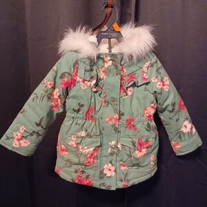 The Children's Place Green and Pink Puffer Coat with Floral Print and Fur Trim